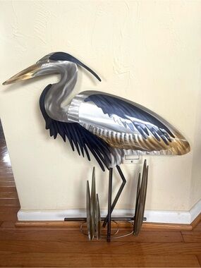 Handcrafted metal blue Heron wall sculpture